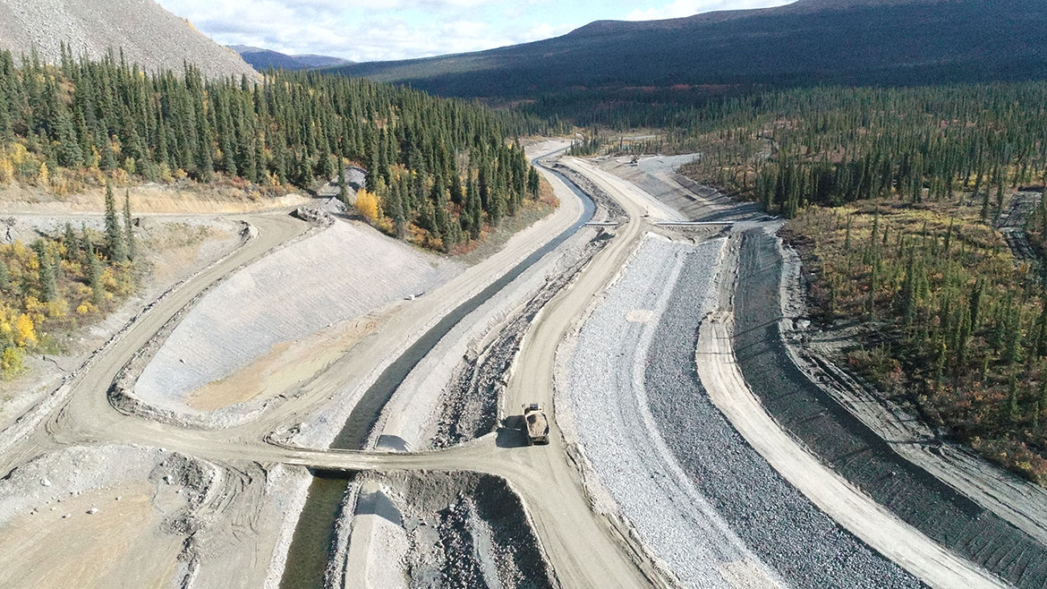 Aerial photo of work on the realignment of the North Fork of Rose Creek.