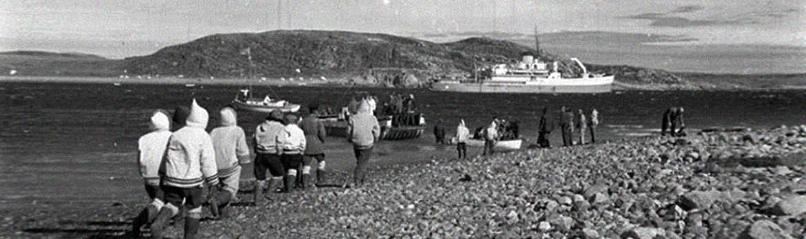 Party lands from the Canadian Government ship C.D. Howe on patrol of the Eastern Arctic at Cape Dorset, 1951