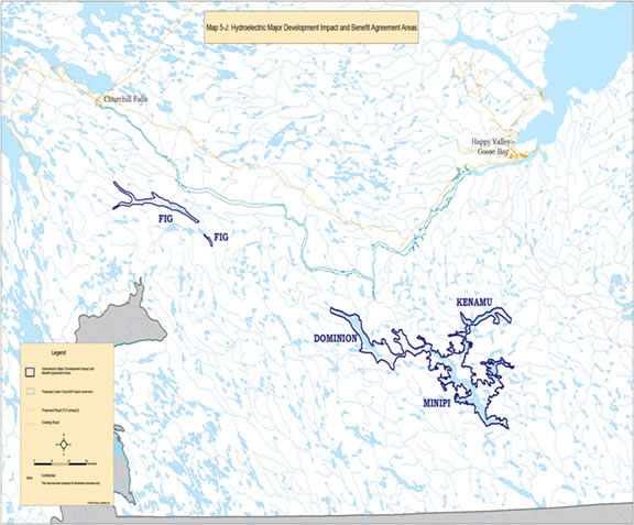 Carte 5-J : R&eacute;gions vis&eacute;es par l'entente sur les r&eacute;percussions et les avantages de grands projets de d&eacute;veloppement hydro&eacute;lectrique