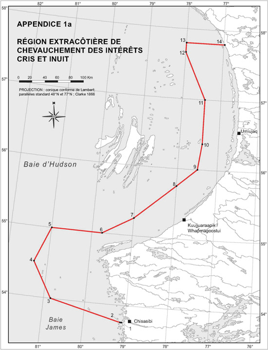 Appendice 1a - Carte de la r&eacute;gion extrac&ocirc;ti&egrave;re de chevauchement des int&eacute;r&ecirc;ts Cris et Inuit