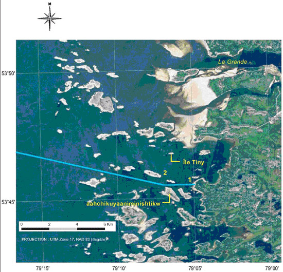 Appendice 1b - Carte de la limite sud de la r&eacute;gion extrac&ocirc;ti&egrave;re de chevauchement des int&eacute;r&ecirc;ts Cris et Inuit